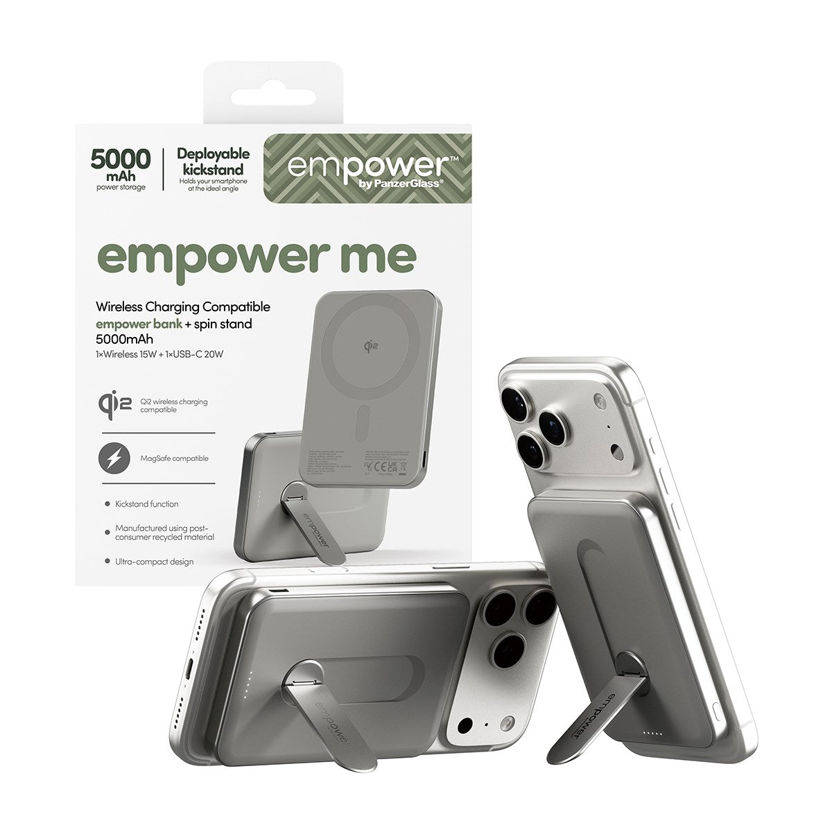 empower™ by PanzerGlass® empower™ Bank m. Spin Stand | 5000mAh | Titanium